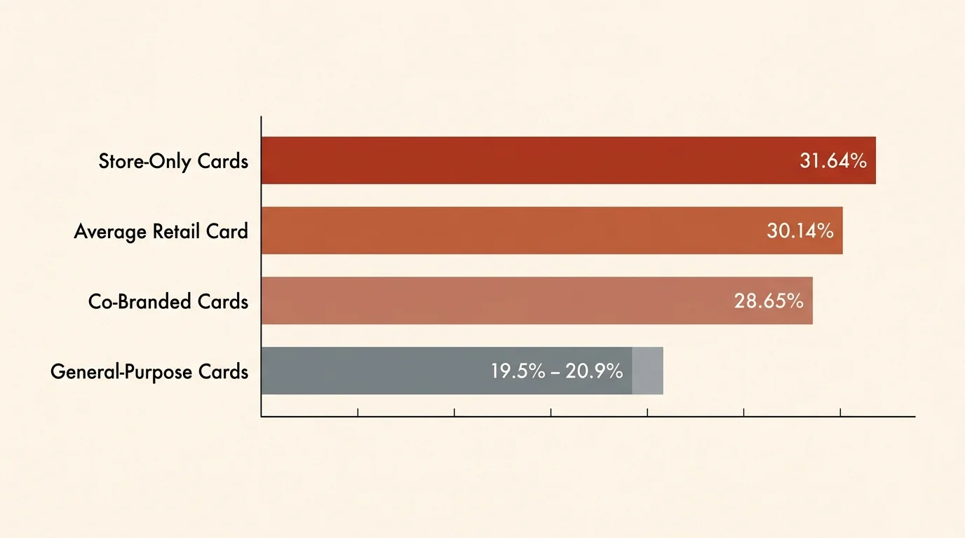 A horizontal bar chart comparing retail and store-only credit card interest rates of around 30% against general cards around 20%.