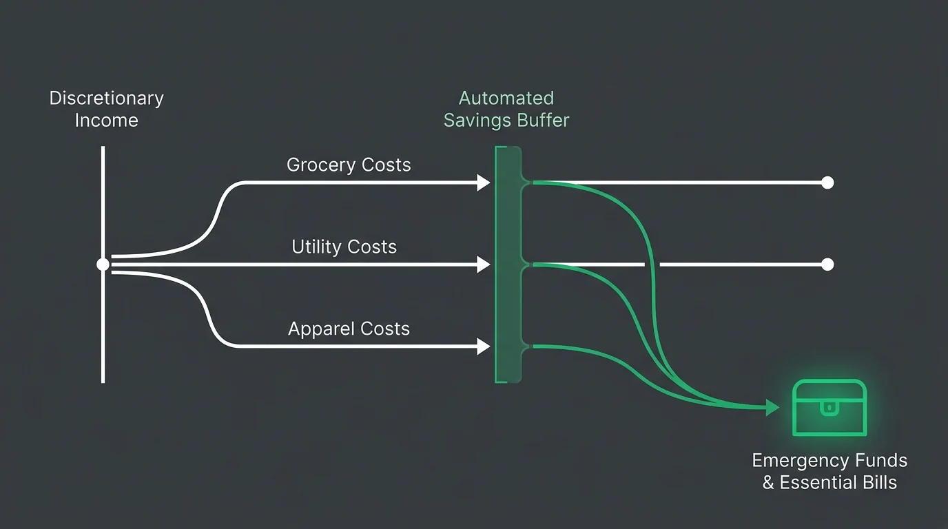 A horizontal budget diagram showing discretionary income flowing into categories, with a savings buffer diverting money to emergency funds.