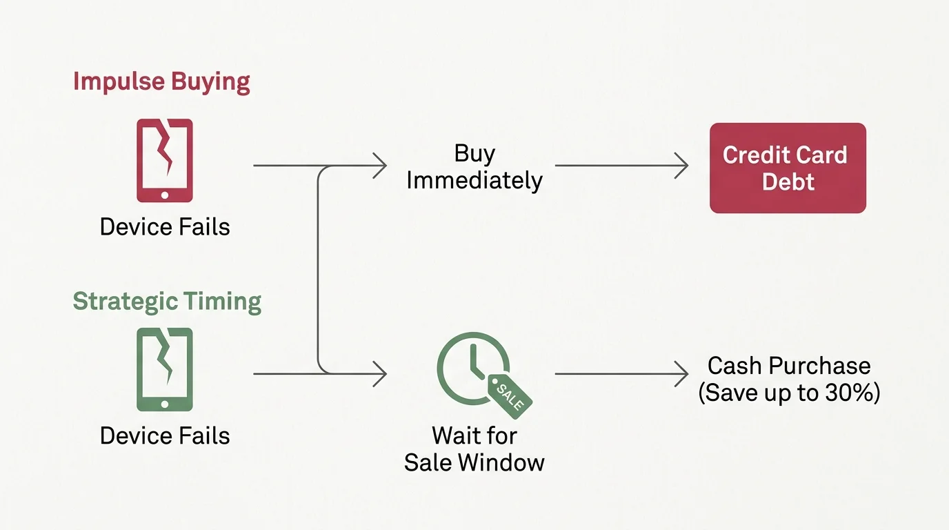 A horizontal decision-tree diagram comparing immediate impulse buying to planned, discounted purchases.