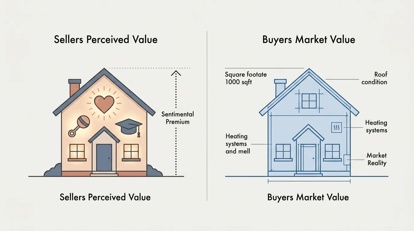 A horizontal diagram comparing a seller's perceived value filled with memories against a buyer's realistic market valuation.