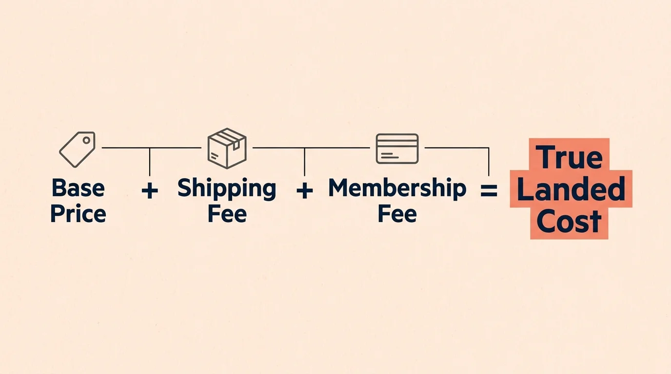 A horizontal diagram illustrating the formula of Base Price plus Shipping plus Membership equals True Landed Cost.