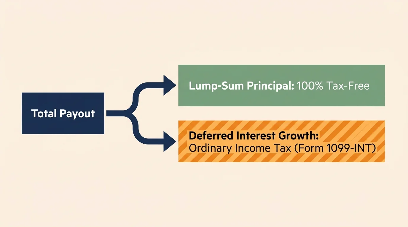 A horizontal flow chart dividing a payout into tax-free principal and taxable interest growth.