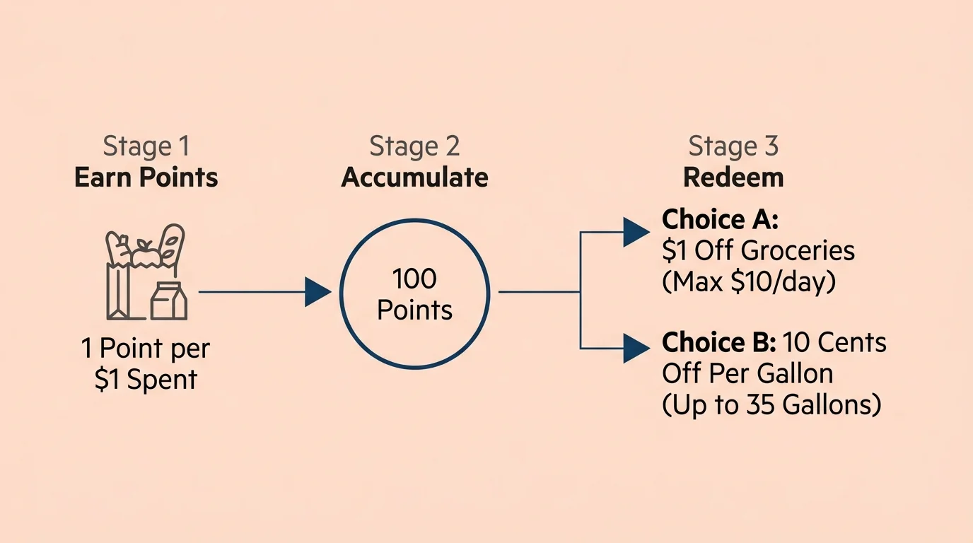 A horizontal flow diagram showing how 100 points translates into either 1 dollar off groceries or 10 cents off per gallon of gas.