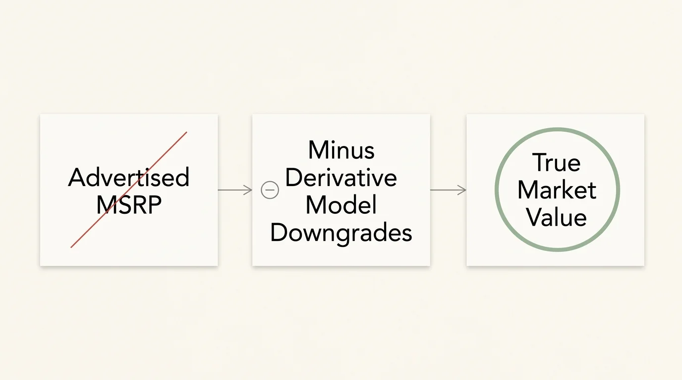 A horizontal flowchart showing the calculation of true market value by subtracting derivative model downgrades from MSRP.