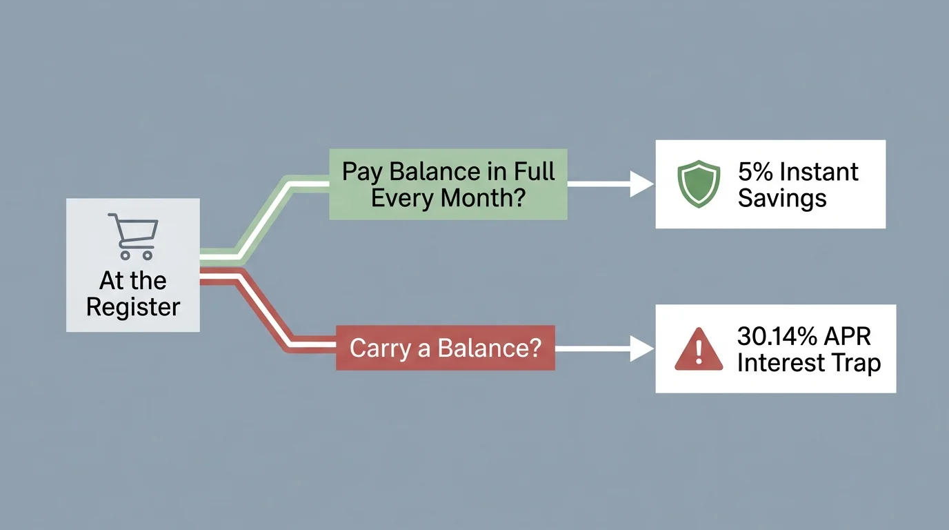 A horizontal flowchart showing the decision path between paying in full for five percent savings or carrying a balance into a thirty percent
