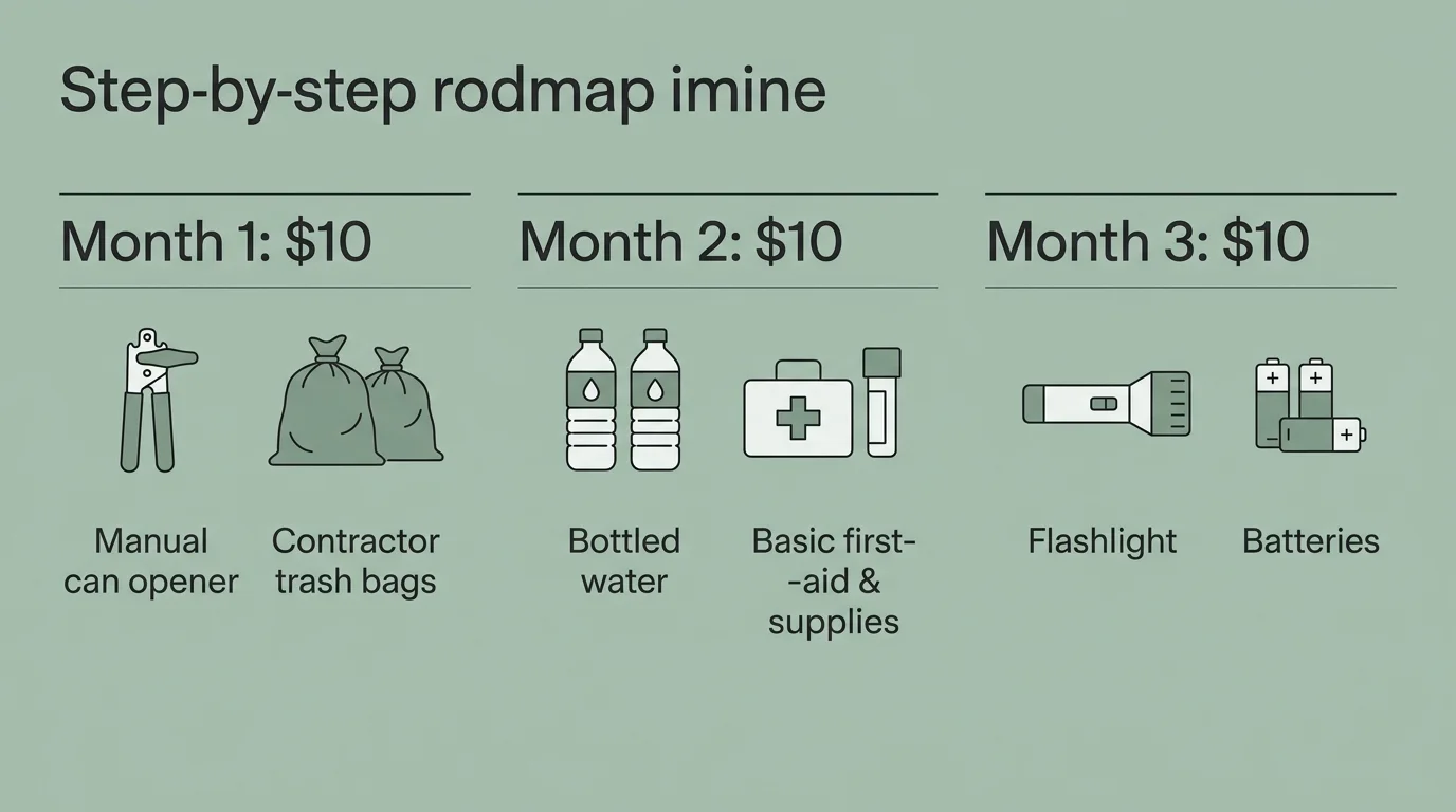 A horizontal infographic showing a three-month plan to build an emergency kit, allocating ten dollars per month.