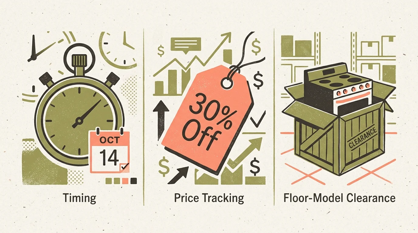 A horizontal three-panel illustration symbolizing timing (stopwatch), savings (30% off tag), and floor models (shipping crate).