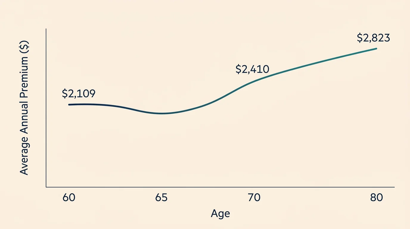 A line graph showing how average annual car insurance rates dip in the late 60s before rising at ages 70 and 80.