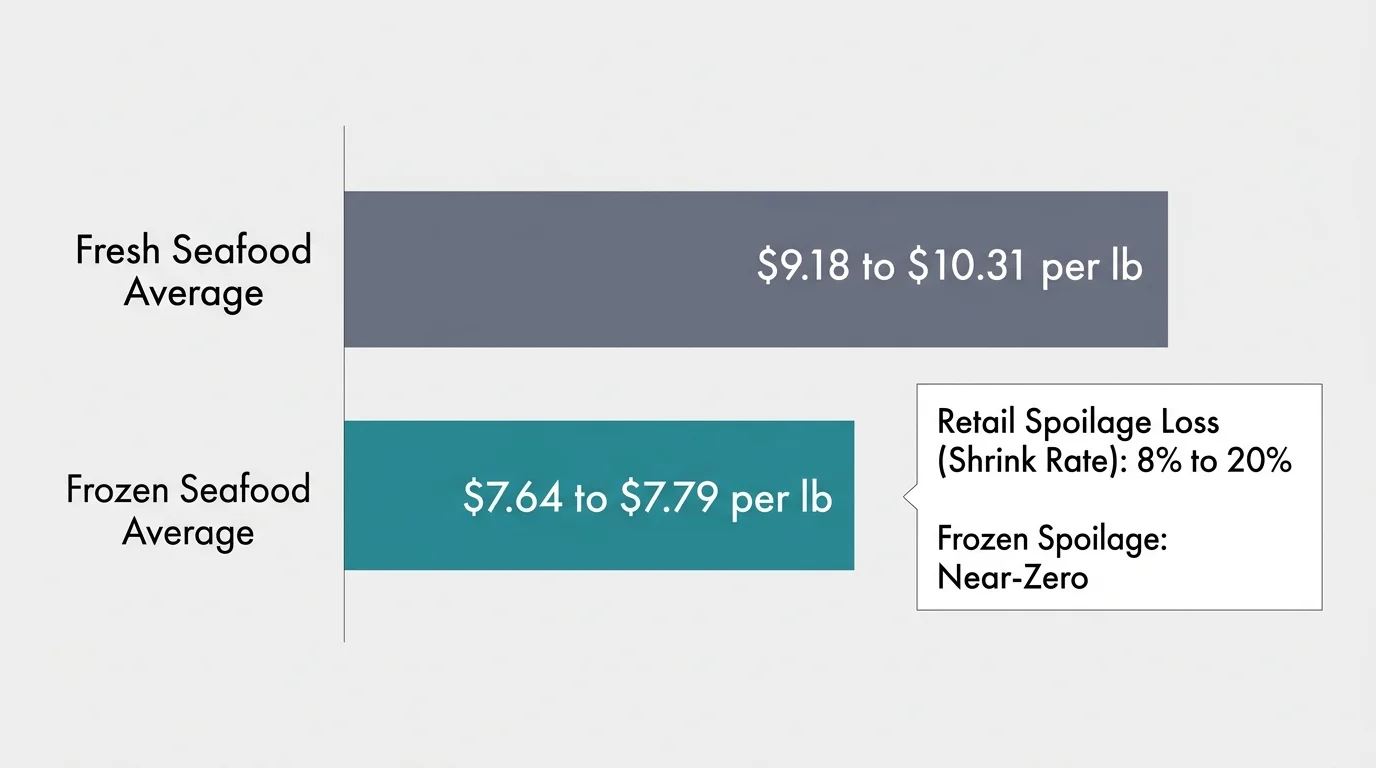 A minimalist chart comparing the average prices of fresh and frozen seafood alongside retail spoilage shrink rates.