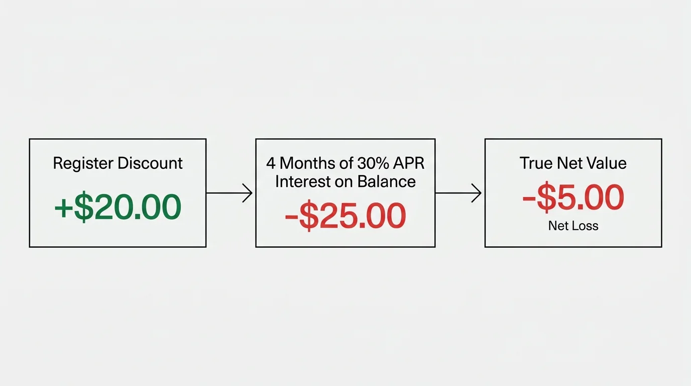 A minimalist flowchart showing how a twenty-dollar store discount is wiped out by interest charges over four months.