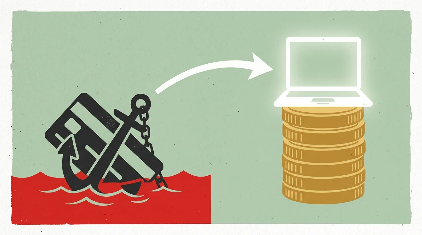 A minimalist graphic showing a credit card anchor on the left transitioning to a laptop supported by a stack of coins on the right.