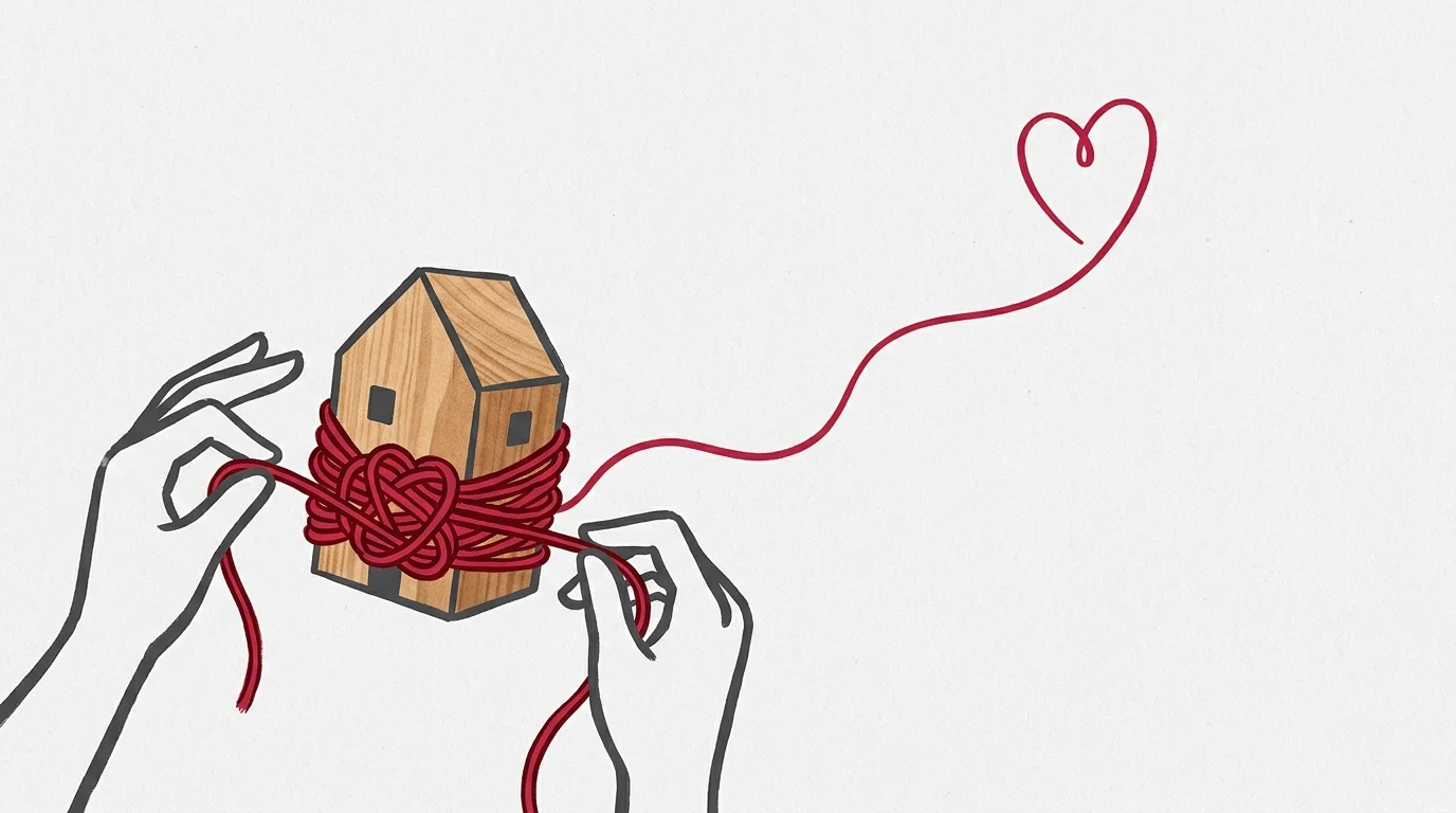 A minimalist graphic showing hands untying a red yarn knot from around a wooden toy house, symbolizing decoupling emotion from property.