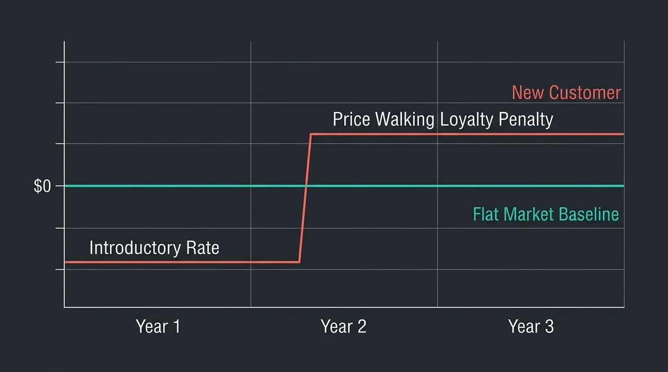 A minimalist horizontal line graph charting how promotional subscription rates climb steadily over three years.