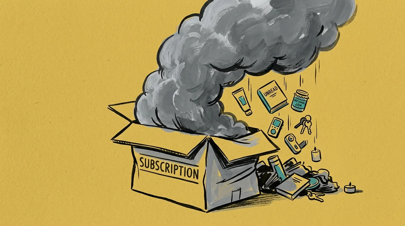 A minimalist illustration of a subscription box with a heavy grey cloud pouring out unused, cluttered items.