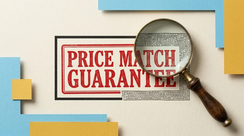 A mixed-media collage of a price match guarantee stamp examined under a magnifying glass, revealing a maze of fine print.