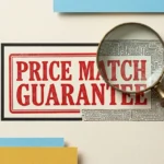 A mixed-media collage of a price match guarantee stamp examined under a magnifying glass, revealing a maze of fine print.