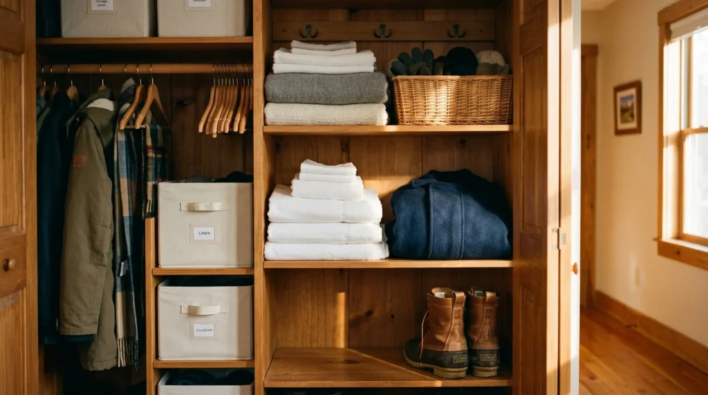 A neatly organized home closet featuring stacked white linens and a folded wool winter coat, shot in a warm film aesthetic.