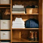 A neatly organized home closet featuring stacked white linens and a folded wool winter coat, shot in a warm film aesthetic.