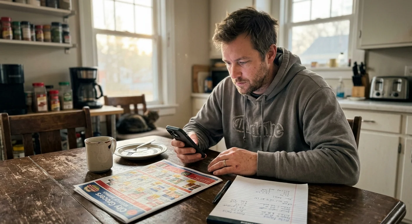 A person at a kitchen table compares a retail flyer with their phone, reflecting the reality of household budgeting.