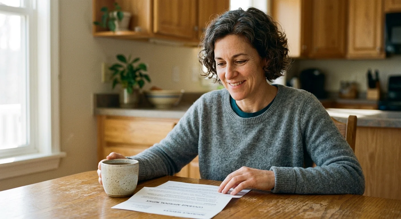 A person looking relieved while reading an insurance letter at a warm kitchen table, shot on warm 35mm film.