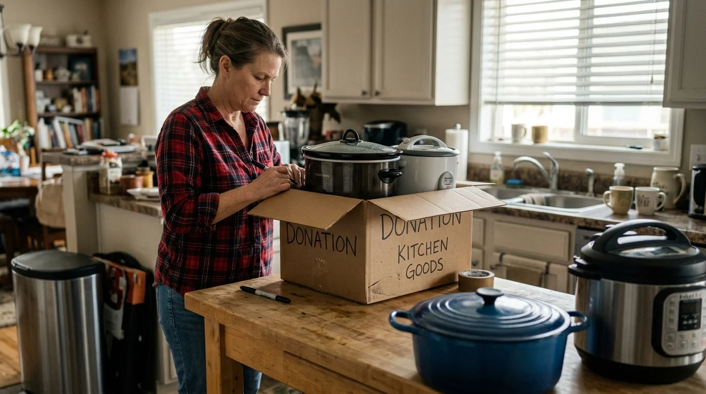 A woman packs a slow cooker and rice cooker into a cardboard donation box on her kitchen counter.