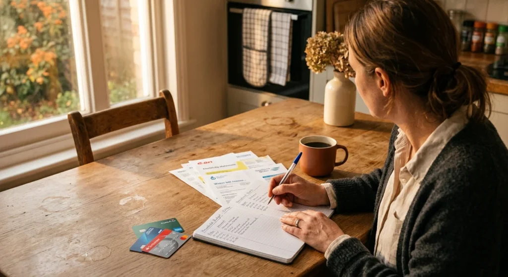 A person sitting at a rustic kitchen table under warm afternoon light, organizing bills and credit cards with a notebook and a mug.