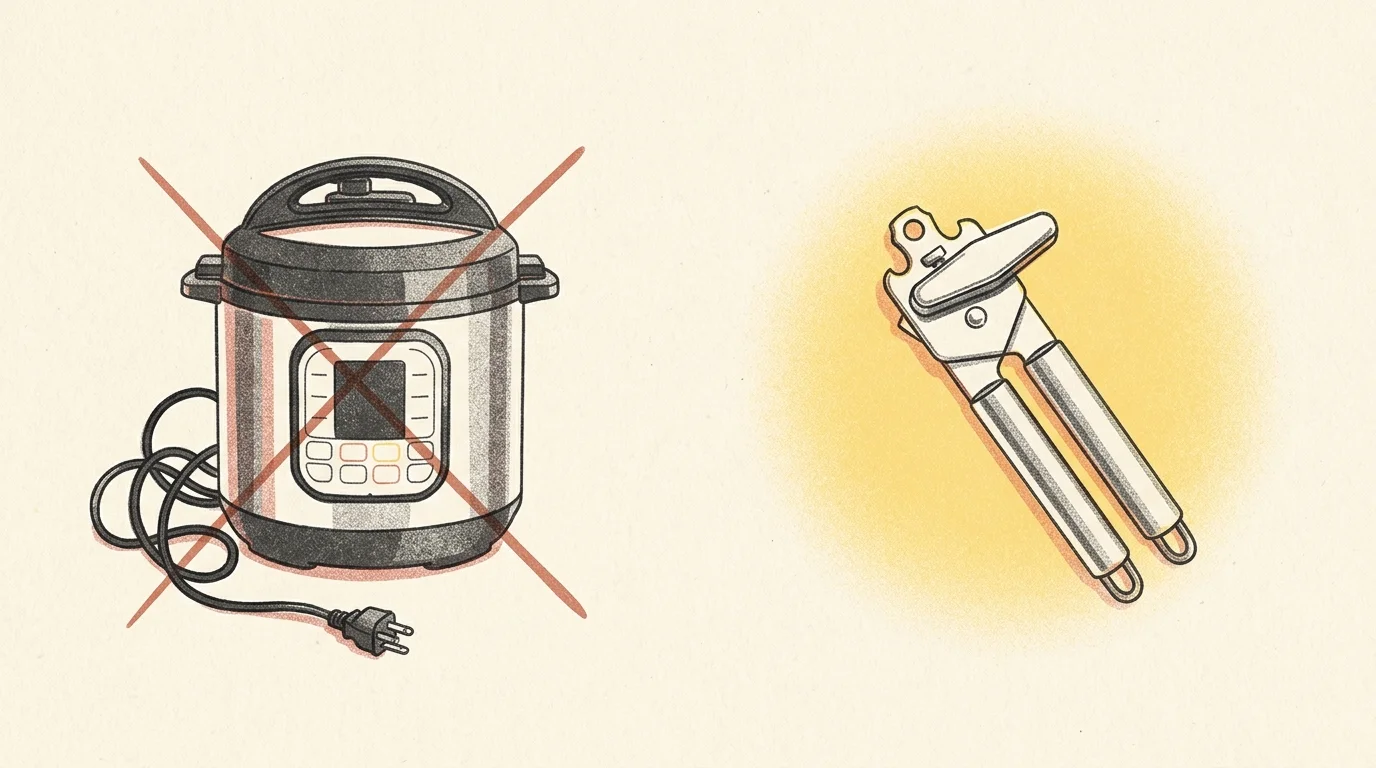 A risograph illustration contrasting a crossed-out electric appliance with a highlighted, reliable manual can opener.