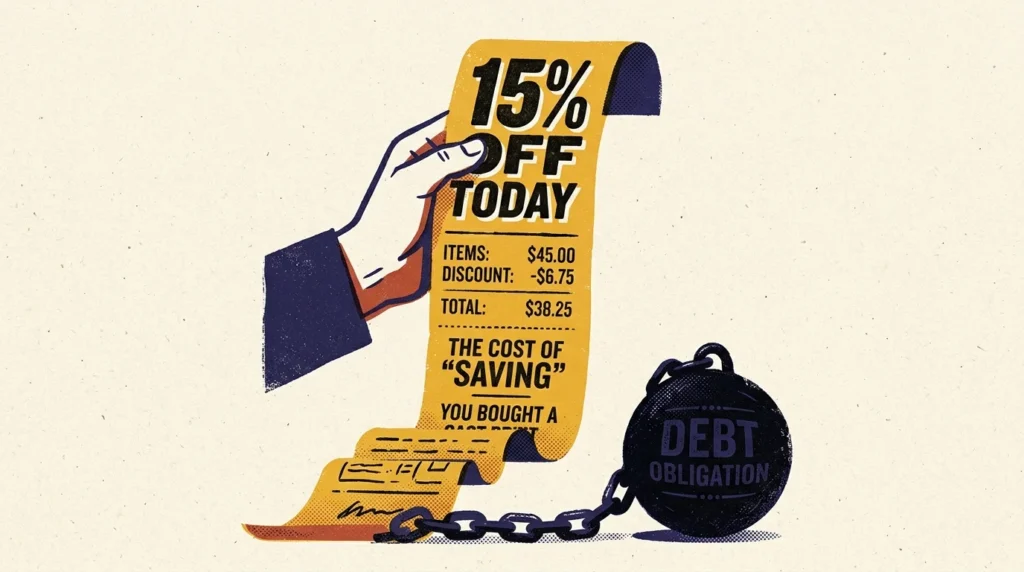 A risograph illustration of a hand holding a 15% OFF coupon that turns into a heavy iron ball and chain.