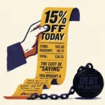 A risograph illustration of a hand holding a 15% OFF coupon that turns into a heavy iron ball and chain.
