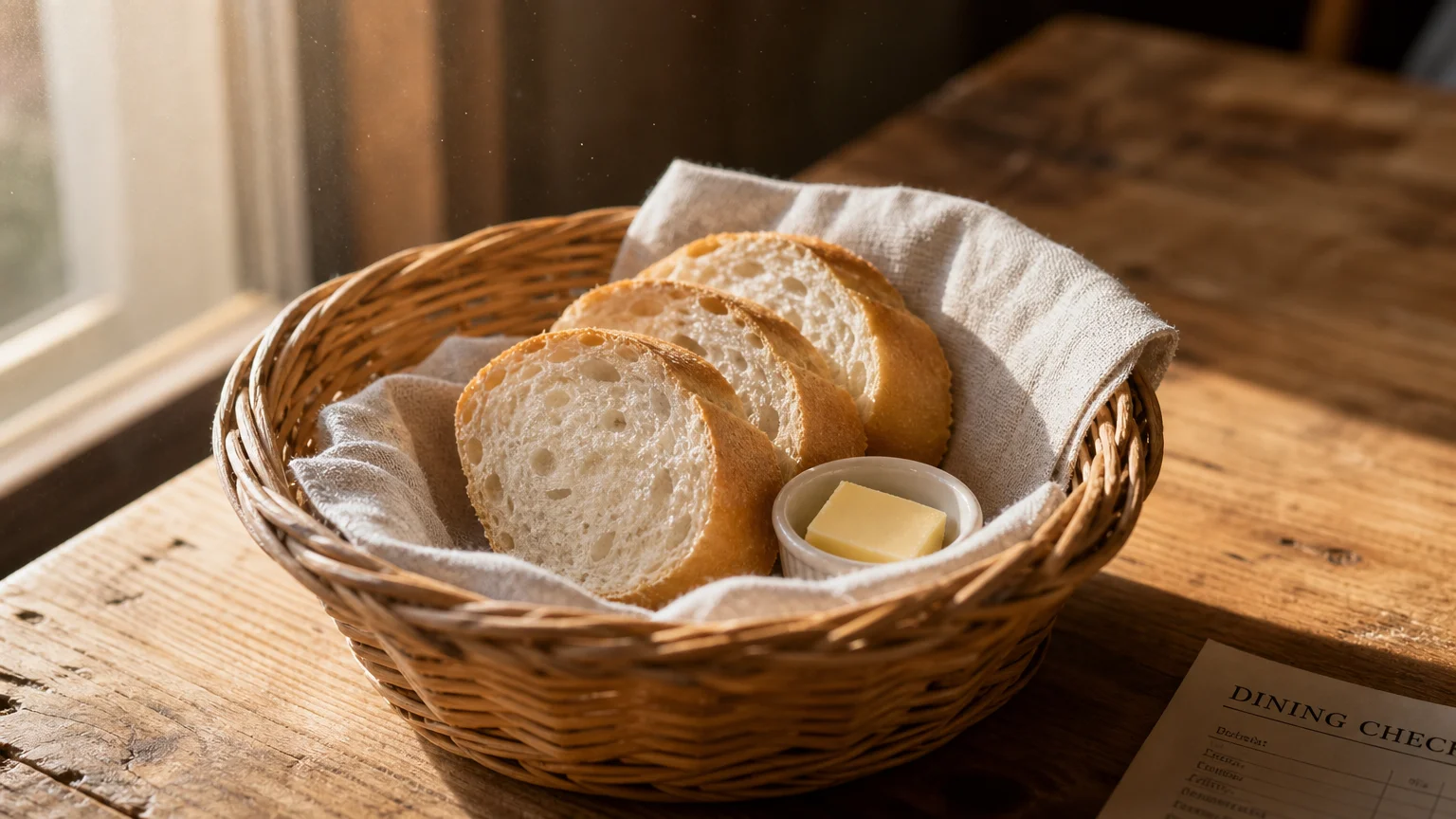 Slices of crusty bread and a small dish of butter in a woven basket on a rustic wooden dining table.
