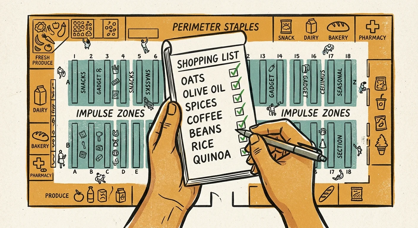 A screenprint illustration of a hand holding a shopping list over a warehouse store blueprint highlighting the perimeter staples path.
