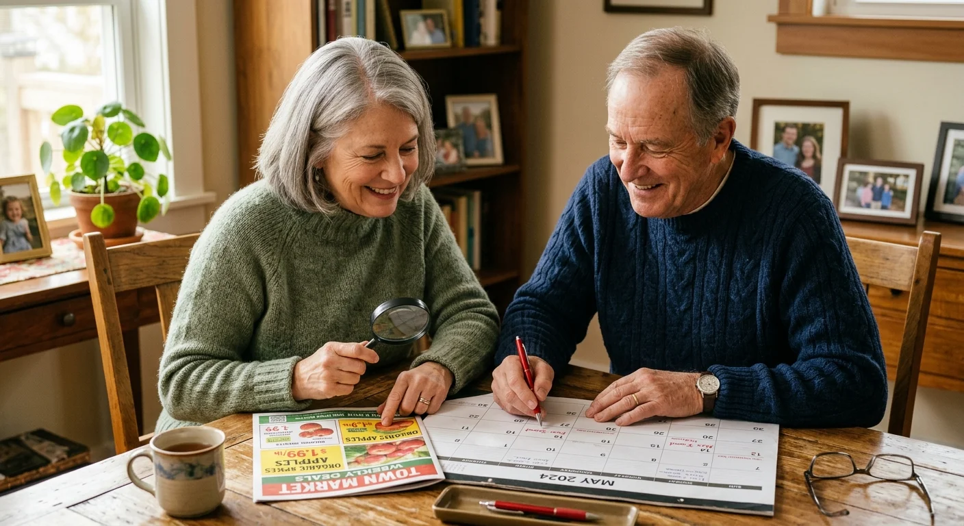 A senior couple sitting at a sunlit table, marking discount shopping days on a paper calendar with a store circular nearby.