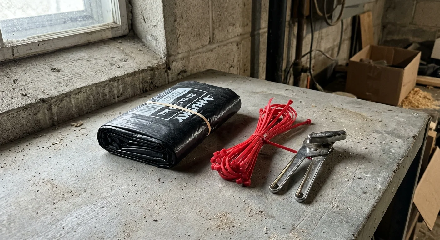 A simple manual can opener, folded black contractor trash bag, and red zip ties resting on a concrete basement shelf.