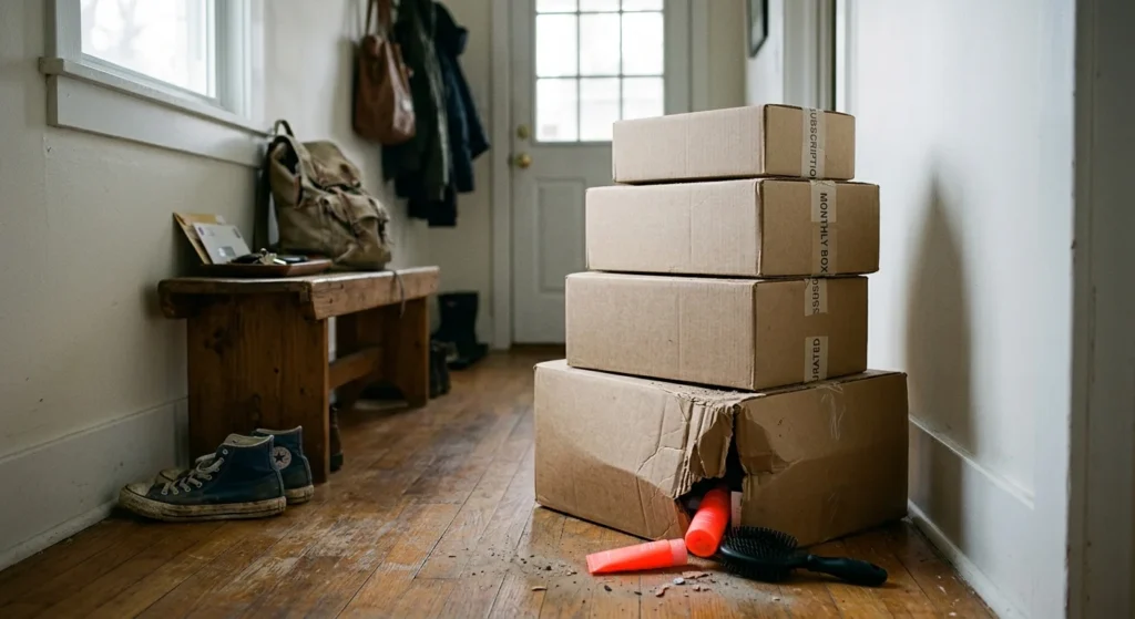 A stack of unopened subscription boxes sitting in a home hallway, with unused cosmetics spilling out onto the floor.
