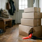 A stack of unopened subscription boxes sitting in a home hallway, with unused cosmetics spilling out onto the floor.