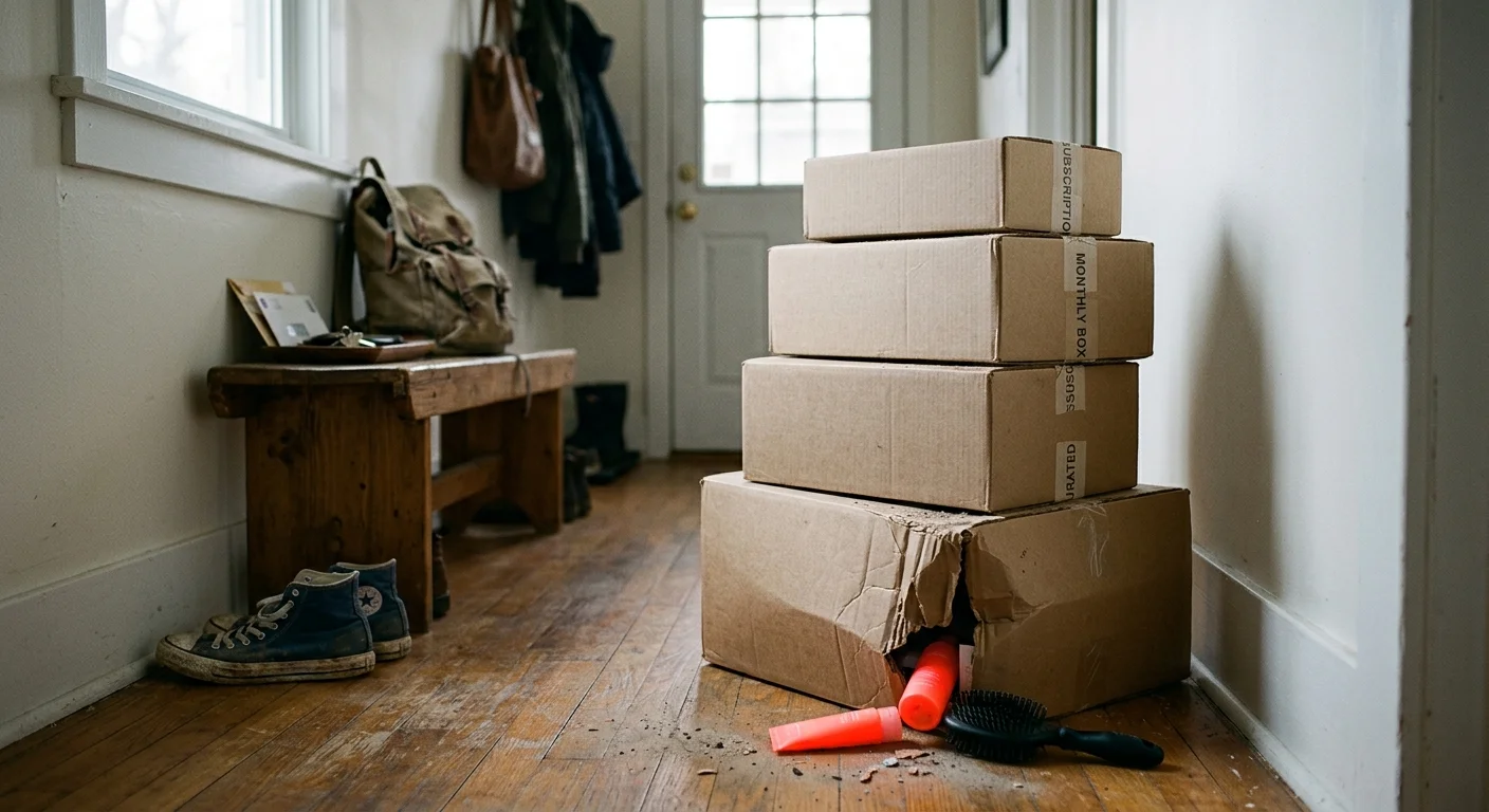A stack of unopened subscription boxes sitting in a home hallway, with unused cosmetics spilling out onto the floor.