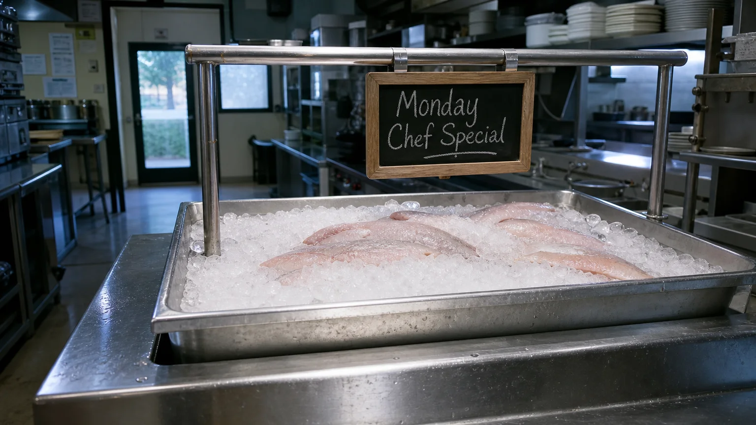 Fish fillets resting on crushed ice in a stainless steel tray beneath a sign reading "Monday Chef Special" in a kitchen.