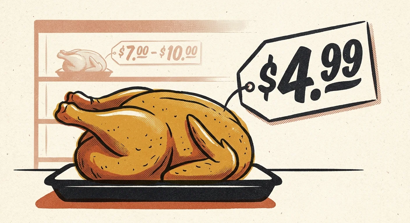 A stylized risograph illustration of a rotisserie chicken with a bold $4.99 price tag next to a faded $7.00-$10.00 supermarket alternative.
