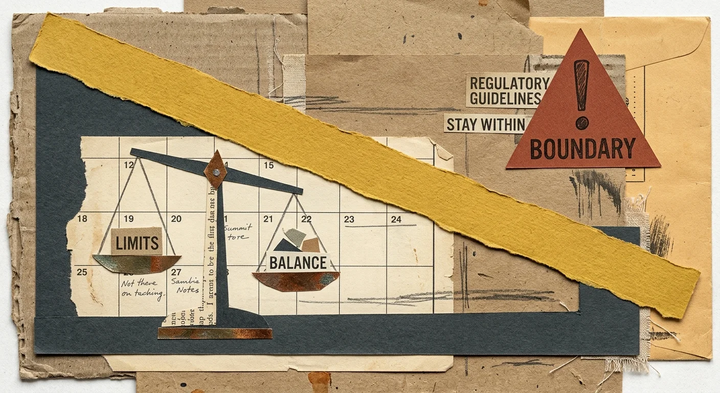 A textured mixed-media paper collage with a yellow guardrail line, a balance scale, and cardboard textures, representing rules and boundarie