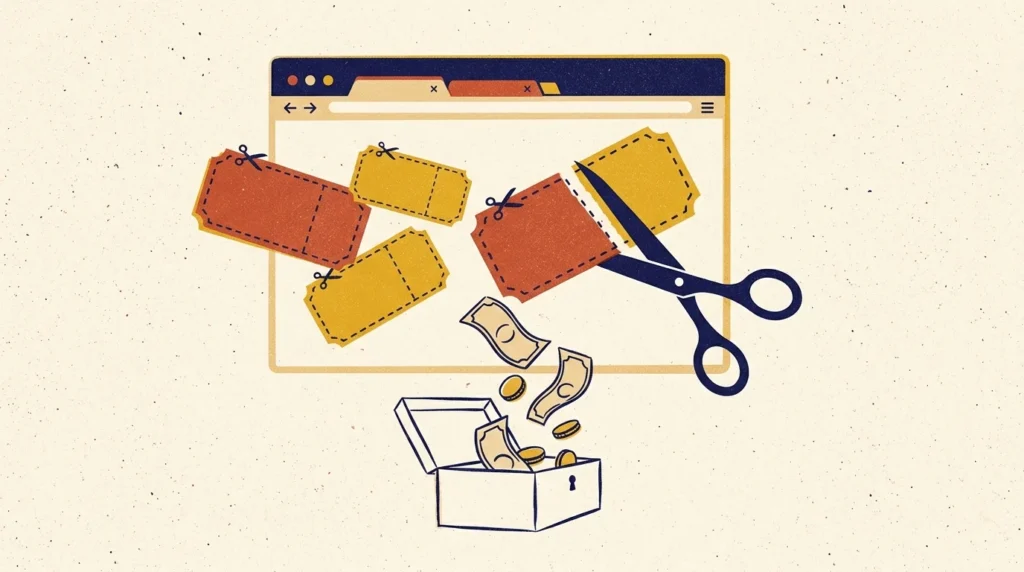 A textured risograph illustration of a web browser with falling coupon tags being cut by scissors, symbolizing automatic savings.