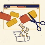 A textured risograph illustration of a web browser with falling coupon tags being cut by scissors, symbolizing automatic savings.