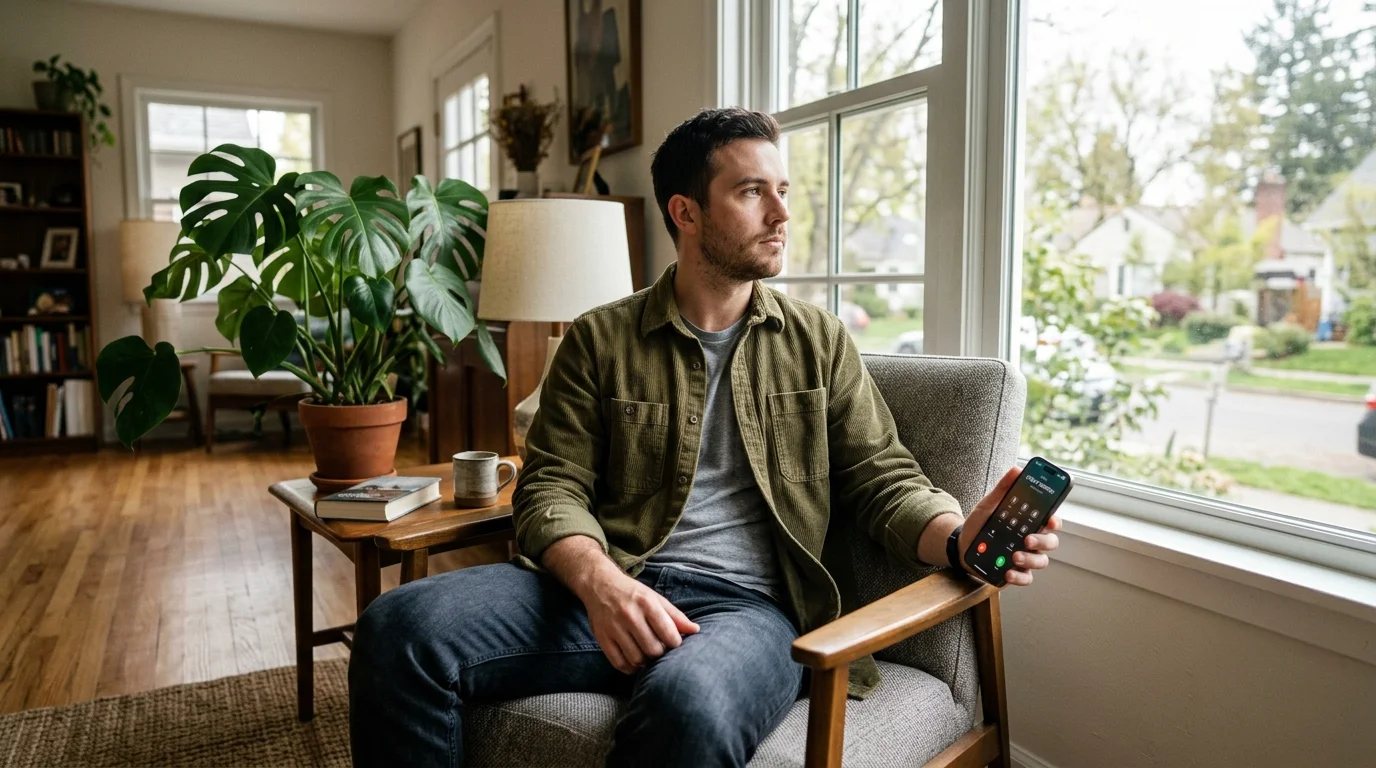 A thoughtful man sitting in a sunlit living room looking out the window while holding his smartphone.