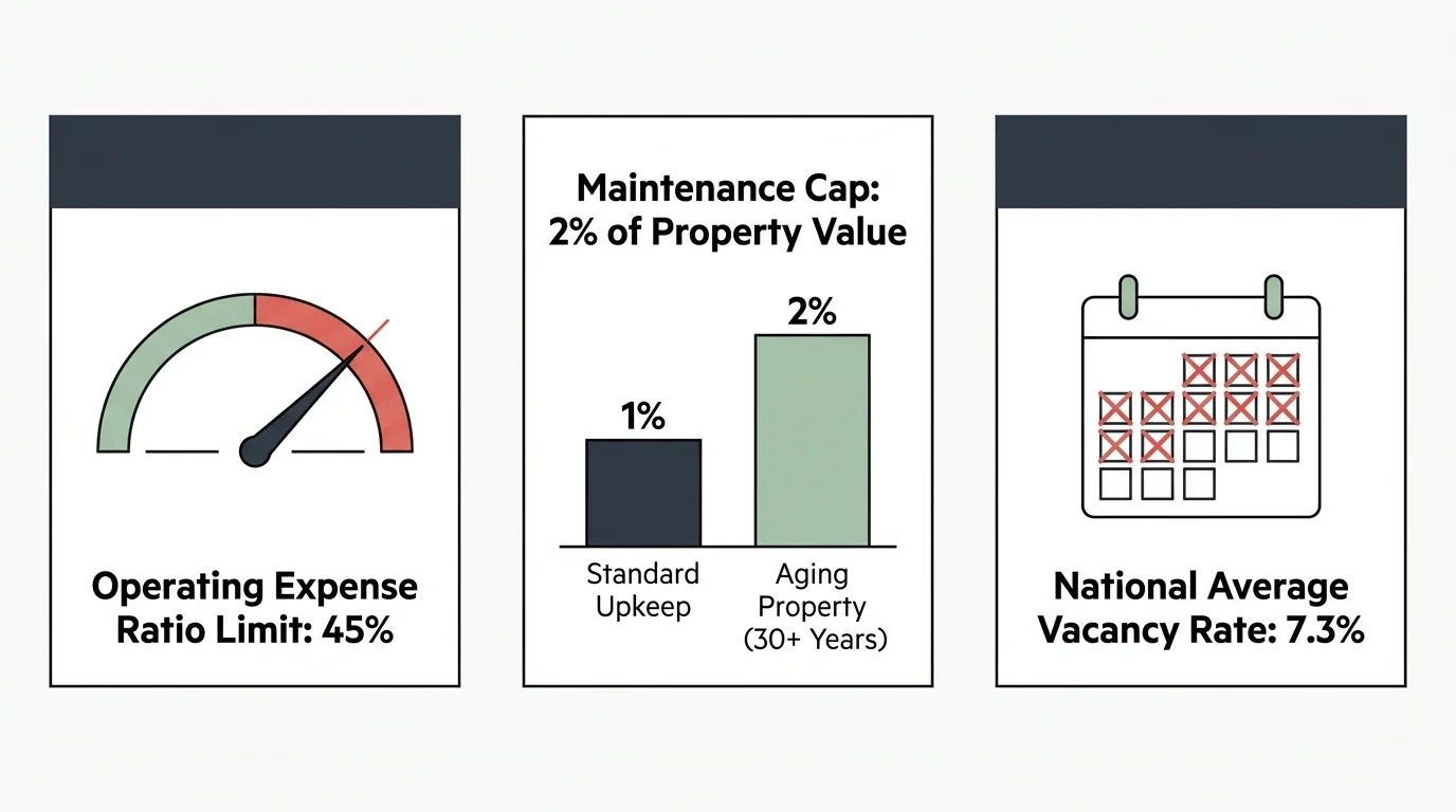 A three-panel horizontal infographic detailing critical rental property metrics: 45% operating ratio, 2% maintenance cap, and a 7.3% vacancy