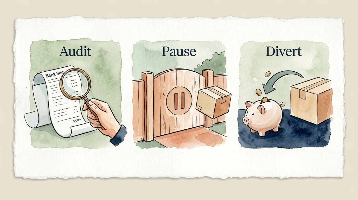 A three-panel watercolor illustration showing a magnifying glass auditing a bill, a gate pausing a package, and money going to savings.