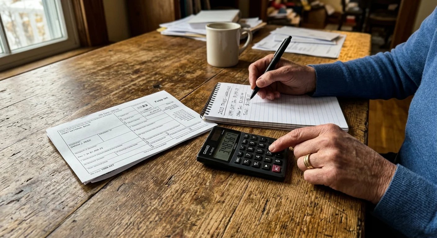 A top-down documentary photo of hands using a calculator next to handwritten tax calculations and a 1099 tax form.