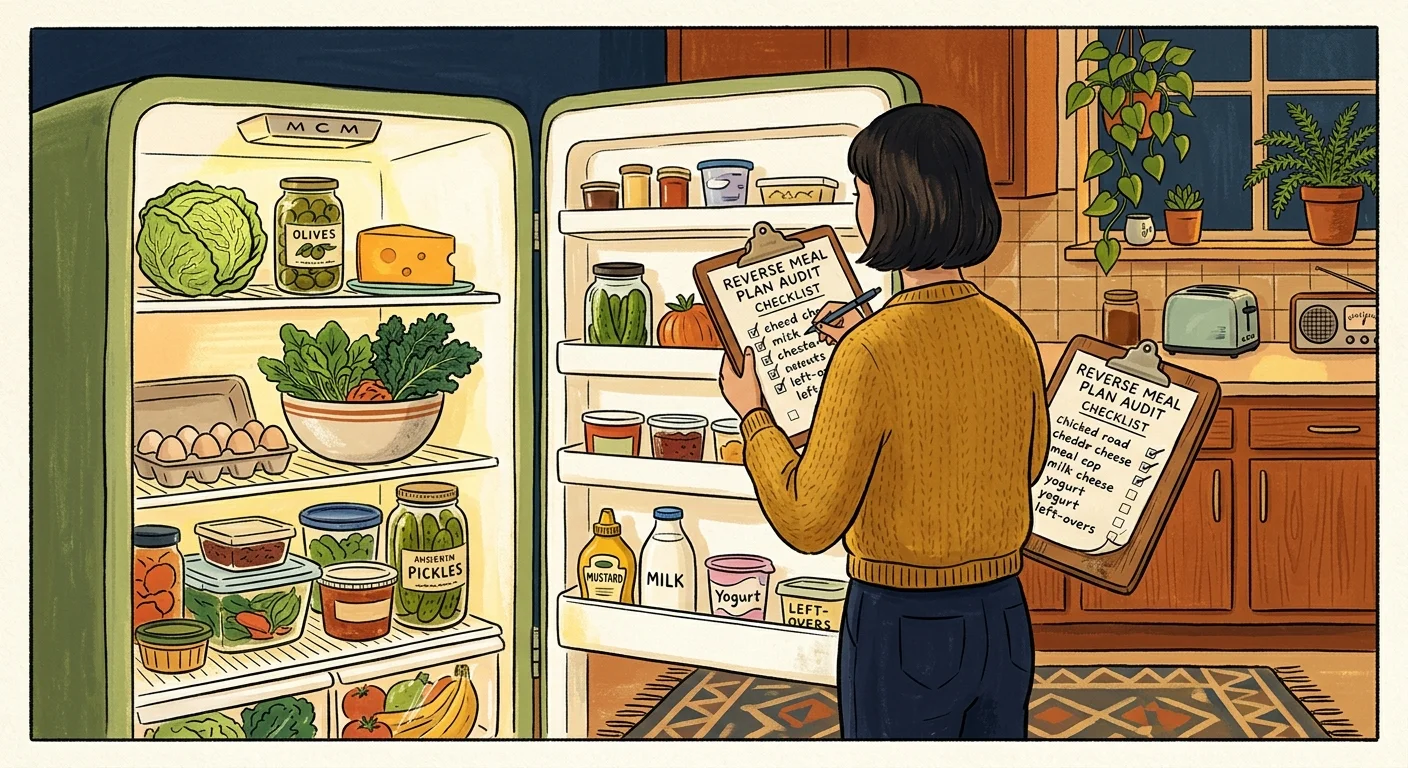 A warm gouache illustration of a person looking into an open refrigerator, auditing ingredients to plan a meal.
