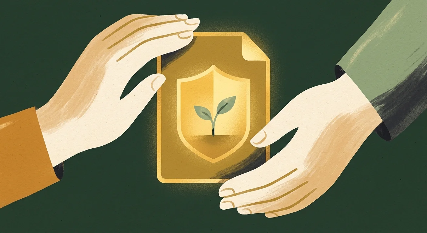 A warm gouache illustration of two hands shielding a glowing document with a small green sprout inside, symbolizing legal protection and car