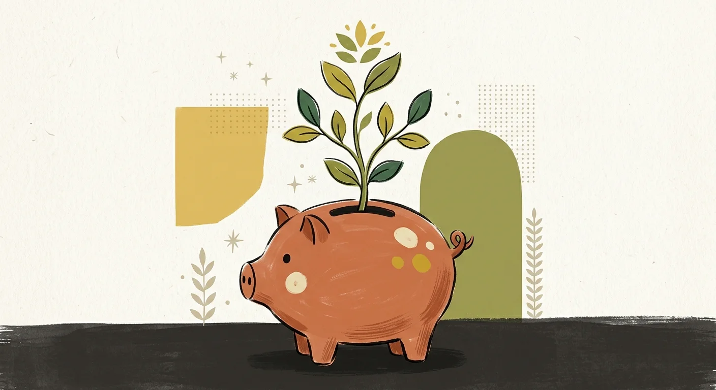 A warm mid-century gouache illustration of a simple ceramic piggy bank with a green sprout growing from its coin slot.