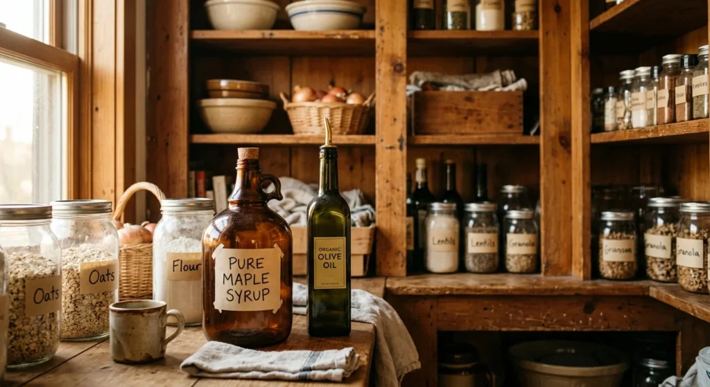 A warm, natural photograph of a rustic wooden pantry neatly stocked with bulk goods, glass jars, and a large maple syrup jug.