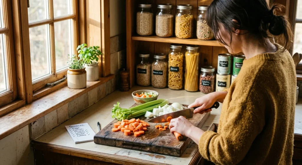 A warm, sunlit kitchen scene with a person chopping fresh vegetables on a wooden cutting board near an organized pantry.